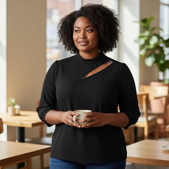 Chloe & Jasmine Black 3/4-Sleeve Blouse Plus Size 2X Cut Out Rhinestone Stretch - Picture 10 of 10